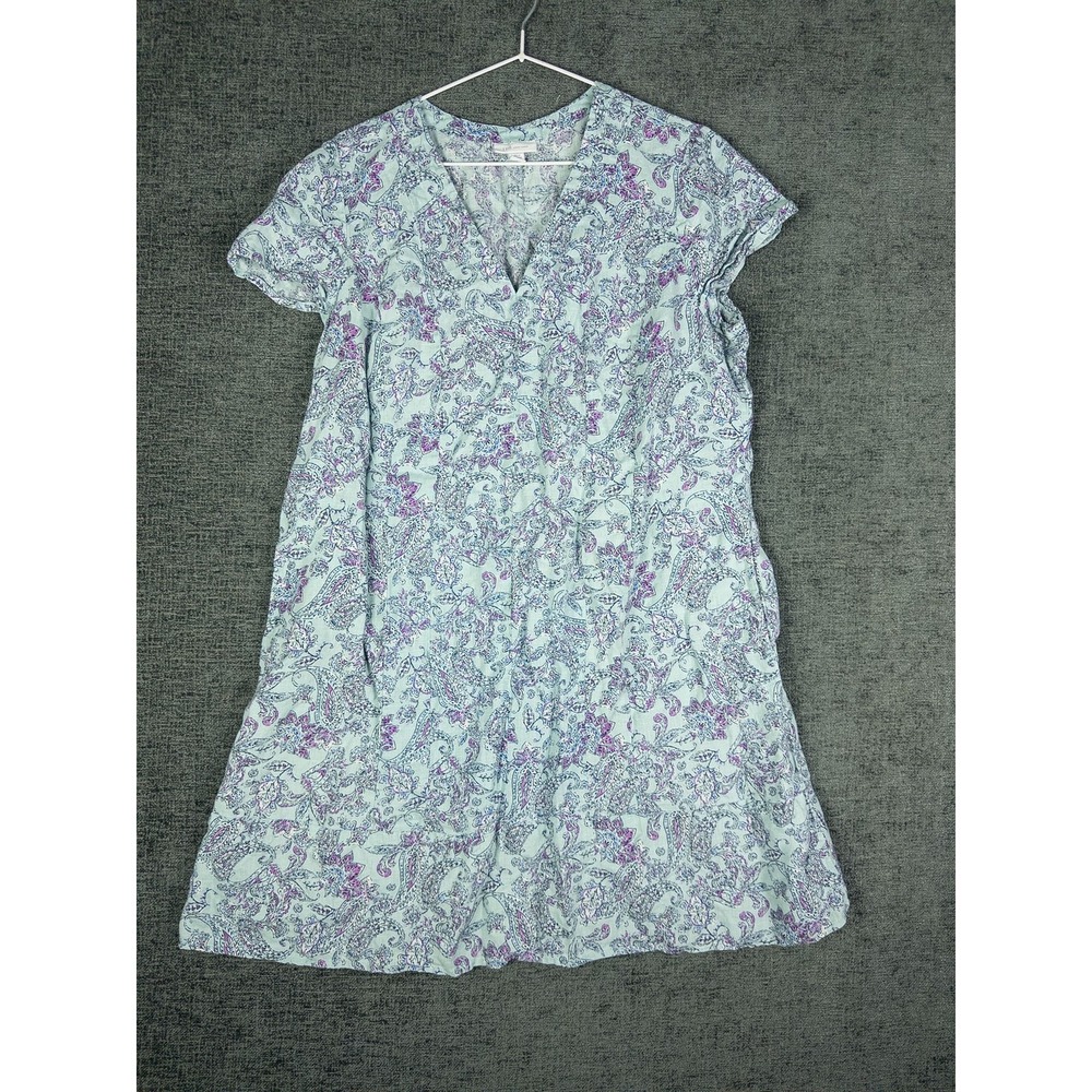 J.Jill Love Linen Dress Womens‎ LP Mint Blue Paisley V-Neck Shift Boho Coastal